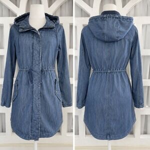 Chambray Blue Denim Utility Anorak Jacket Hooded Drawstring Medium / Dark Wash